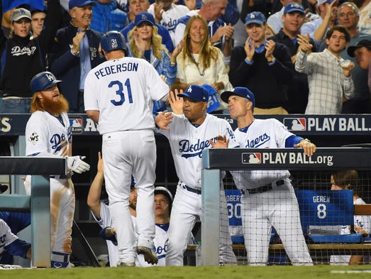Game 7 at Dodger Stadium: Joc Pederson is congratulated