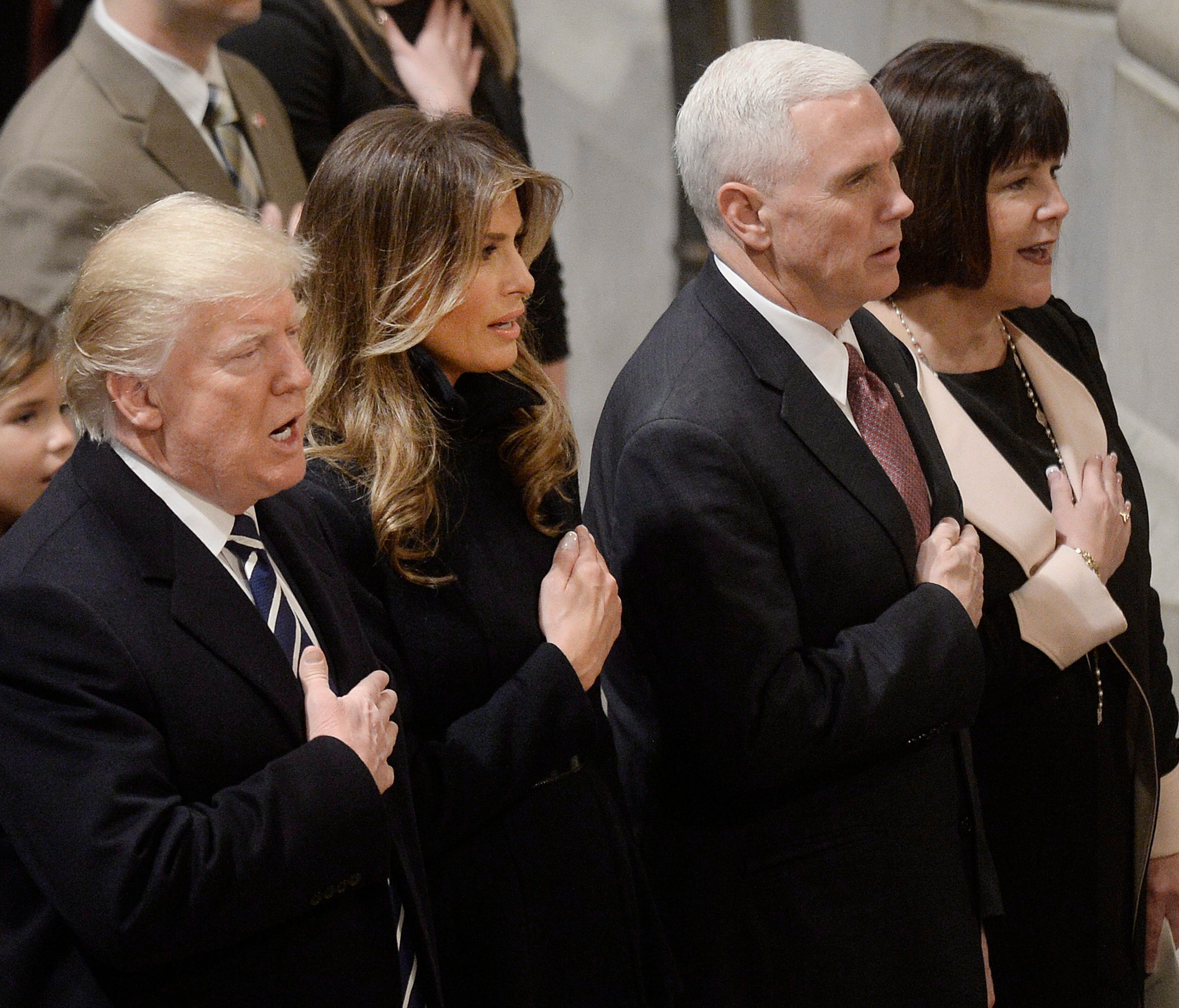 US President Donald Trump, First Lady Melania Trump, Vice President Michael Pence and his wife Karen Pence attends the National Prayer Service at the Washington National Cathedral in Washington, DC, USA, 21 January 2017.