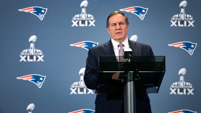 New England Patriots head coach Bill Belichick refuses to discuss "Deflategate" as he talks with the media at the Sheraton Wild Horse Pass Resort & Spa on Jan. 26, 2015 in Chandler.