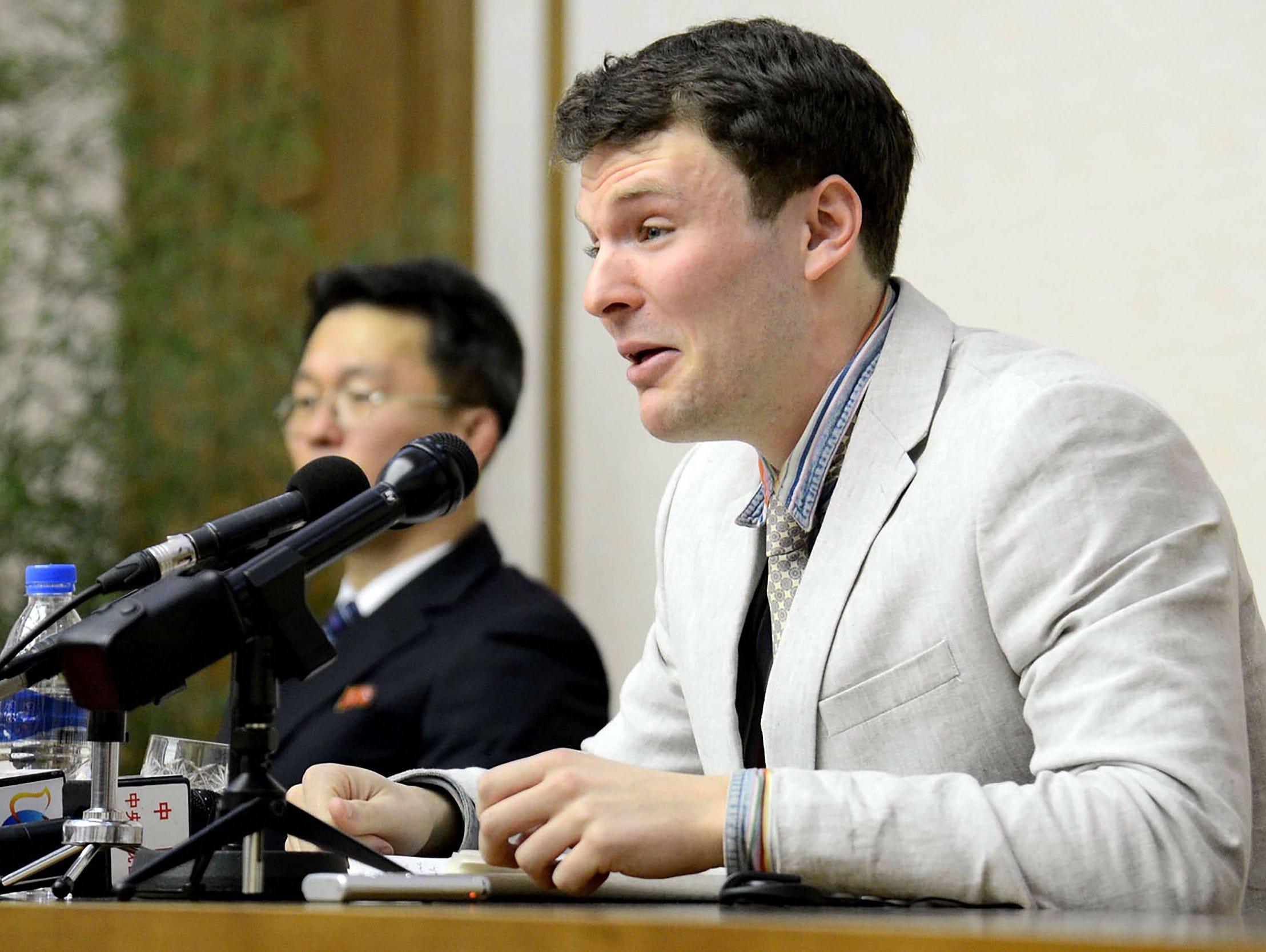 U.S. student Otto Warmbier is pictured speaking at a press conference in Pyongyang.  nNorth Korea.