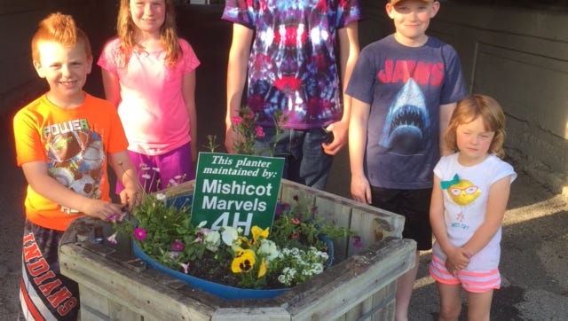 Members of the Mishicot Marvels 4-H Club pose on the covered bridge next to flower planters they will maintain this summer.