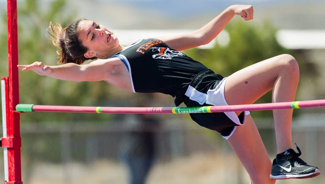 Fernley's Hailey Cleven attempts a jump at 4' 2". Cleven finished in a tie for 7th place in the Women's Varsity High Jump.