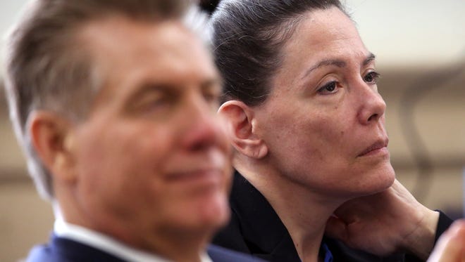 Defense attorney Edward Bilinkas and  Virginia Vertetis watching Prosecutor Matthew Troiano's closing arguments in the Vertetis murder trial. Vertetis says she fatally shot boyfriend Patrick Gilhuley to death as he tried to beat and choke her at her Mount Olive home in 2014. March 30, 2017, Morristown, NJ