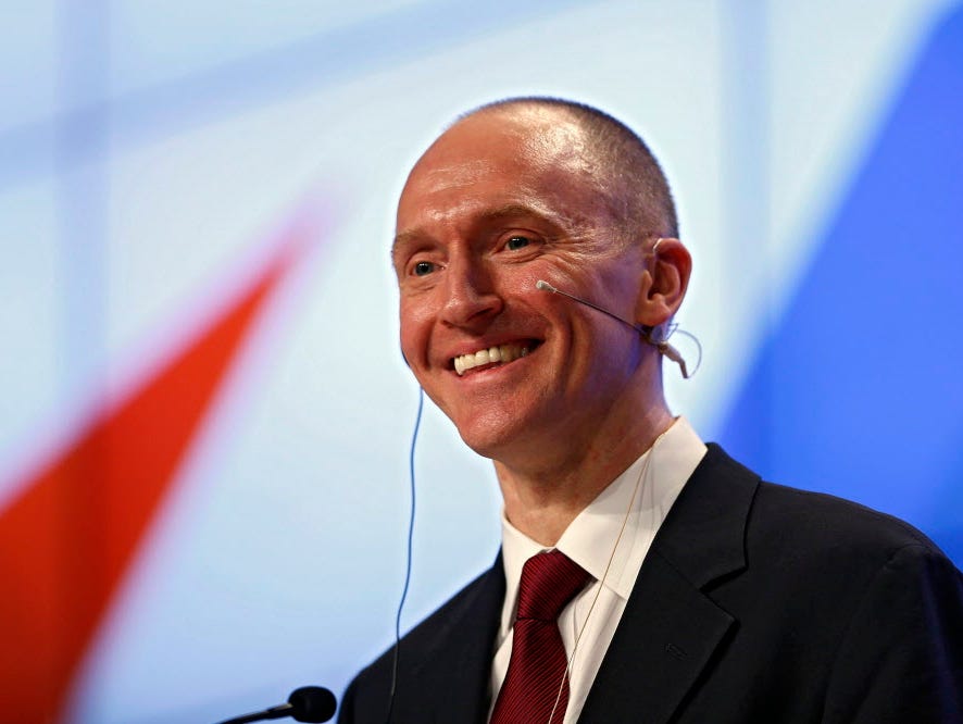 Carter Page, founder and managing partner of US investment company Global Energy Capital, delivers a speech in Moscow, Russia, in December. Page, earlier in 2016, gave a controversial speech in Moscow while serving as a foreign policy adviser to Dona