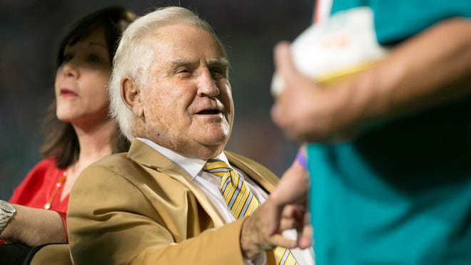 Don Shula is honored as one of the top 50 Miami Dolphins of all time during a halftime ceremony at Sun Life Stadium in Miami Gardens on Dec. 14, 2015.