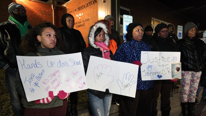 Protestors rally at the municipal building in Bridgeton earlier this month in support of Jerame C. Reid’s family. Reid was killed by city police last month.