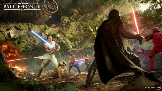 Screenshot from "Star Wars Battlefront 2" showing Kylo Ren fighting Rey.