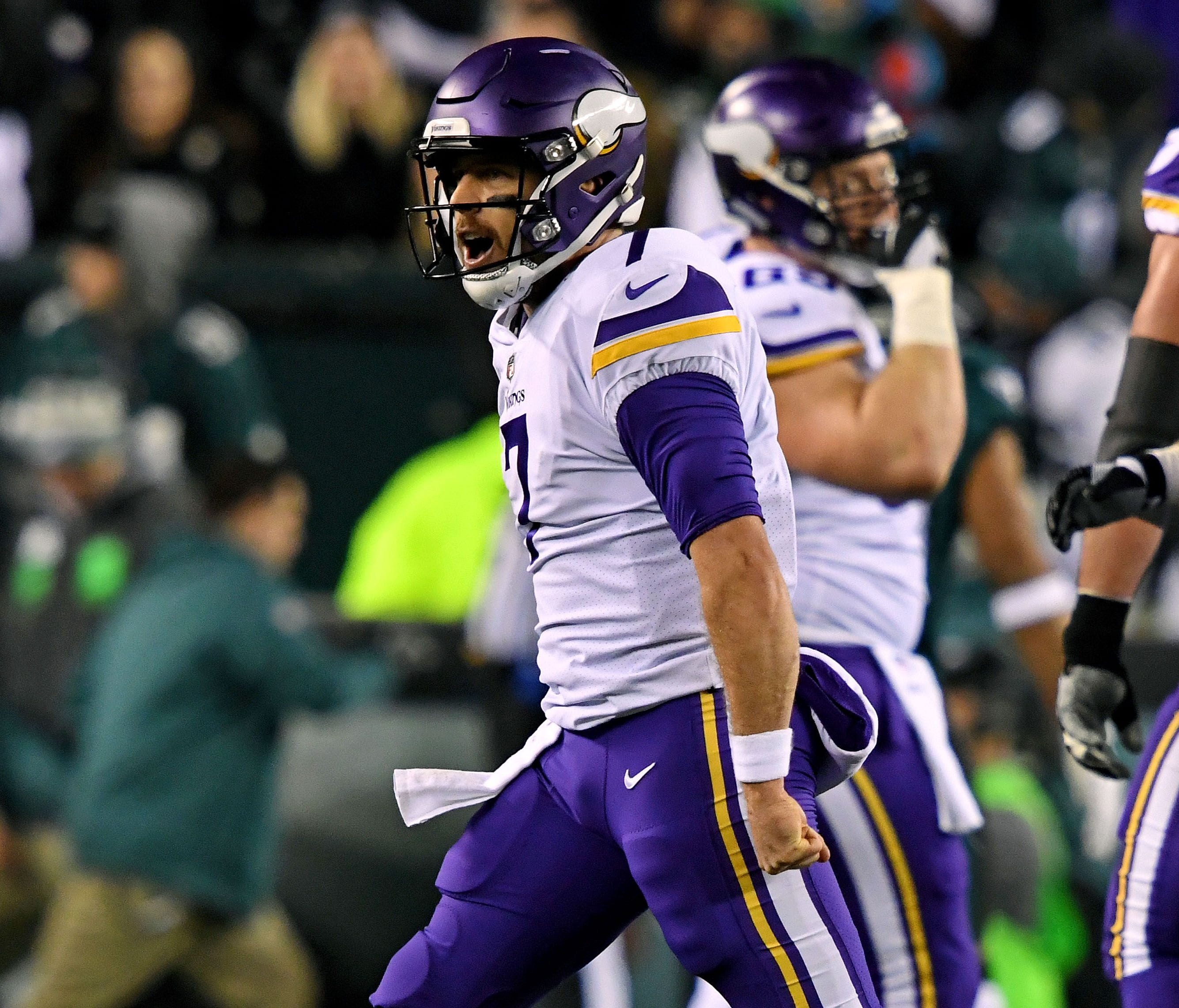 Minnesota Vikings quarterback Case Keenum (7) celebrates after throwing a touchdown  pass during the first quarter against the Philadelphia Eagles in the NFC Championship game at Lincoln Financial Field.