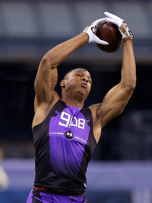 Feb 23, 2015; Indianapolis, IN, USA; Mississippi State Bulldogs defensive back Justin Cox catches a pass in a workout drill during the 2015 NFL Combine at Lucas Oil Stadium. Mandatory Credit: Brian Spurlock-USA TODAY Sports