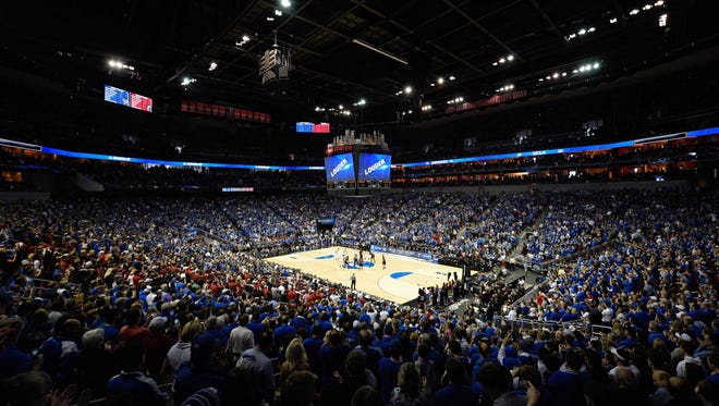 Mar 21, 2015; Louisville, KY, USA; A general view of KFC Yum! Center as the Kentucky Wildcats and the Cincinnati Bearcats tip off in the third round of the 2015 NCAA Tournament. Mandatory Credit: Tim Bradbury-USA TODAY Sports
