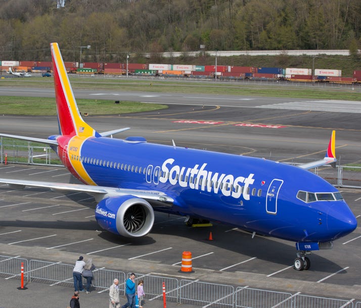 A Southwest Boeing 737 MAX 8 rests in the parking lot of the Museum of Flight in Seattle on April 9, 2017. The jet will be the airline's first MAX, with delivery expected later this year.