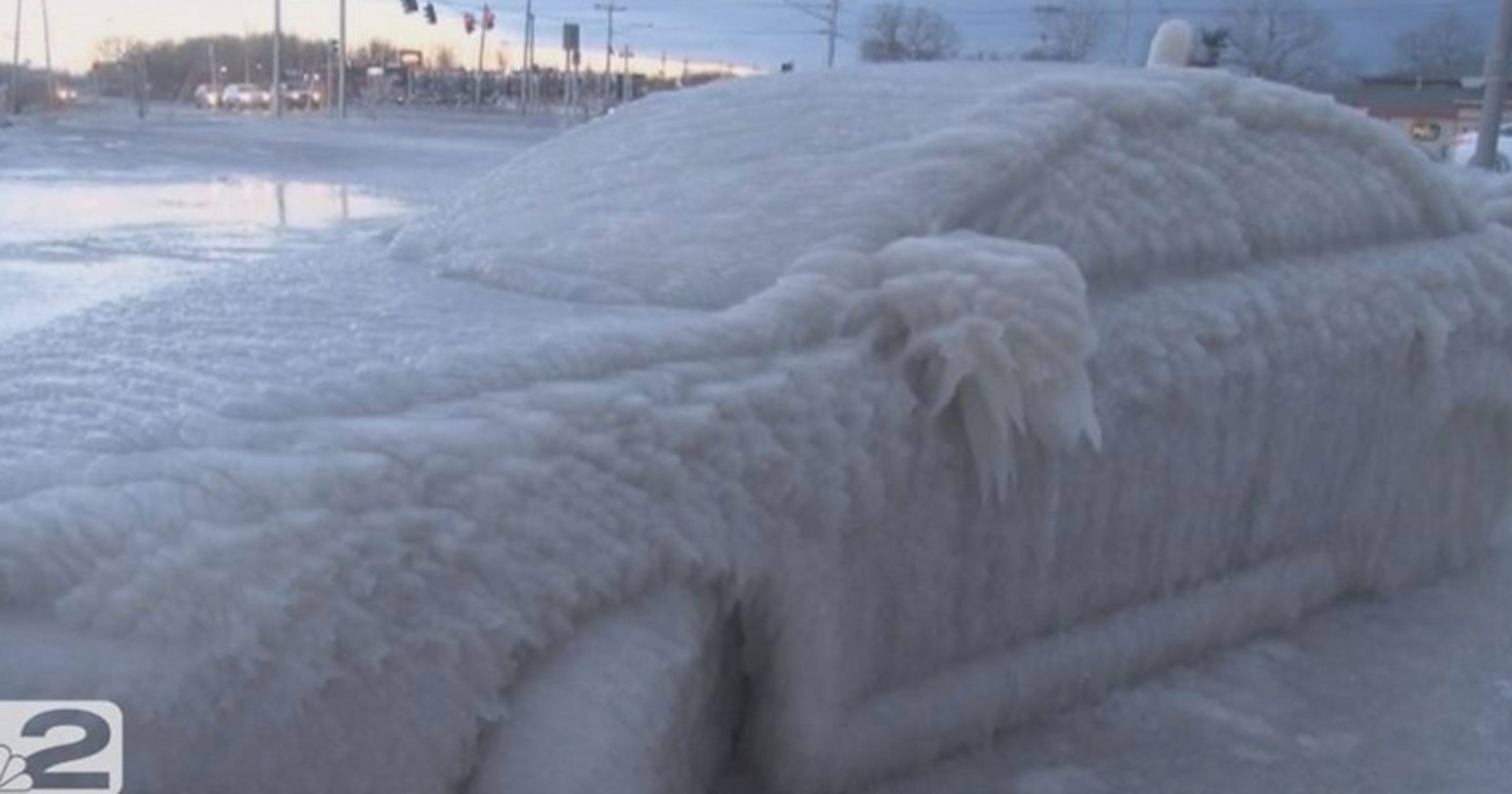 Winter waves freeze car in place along Lake Erie