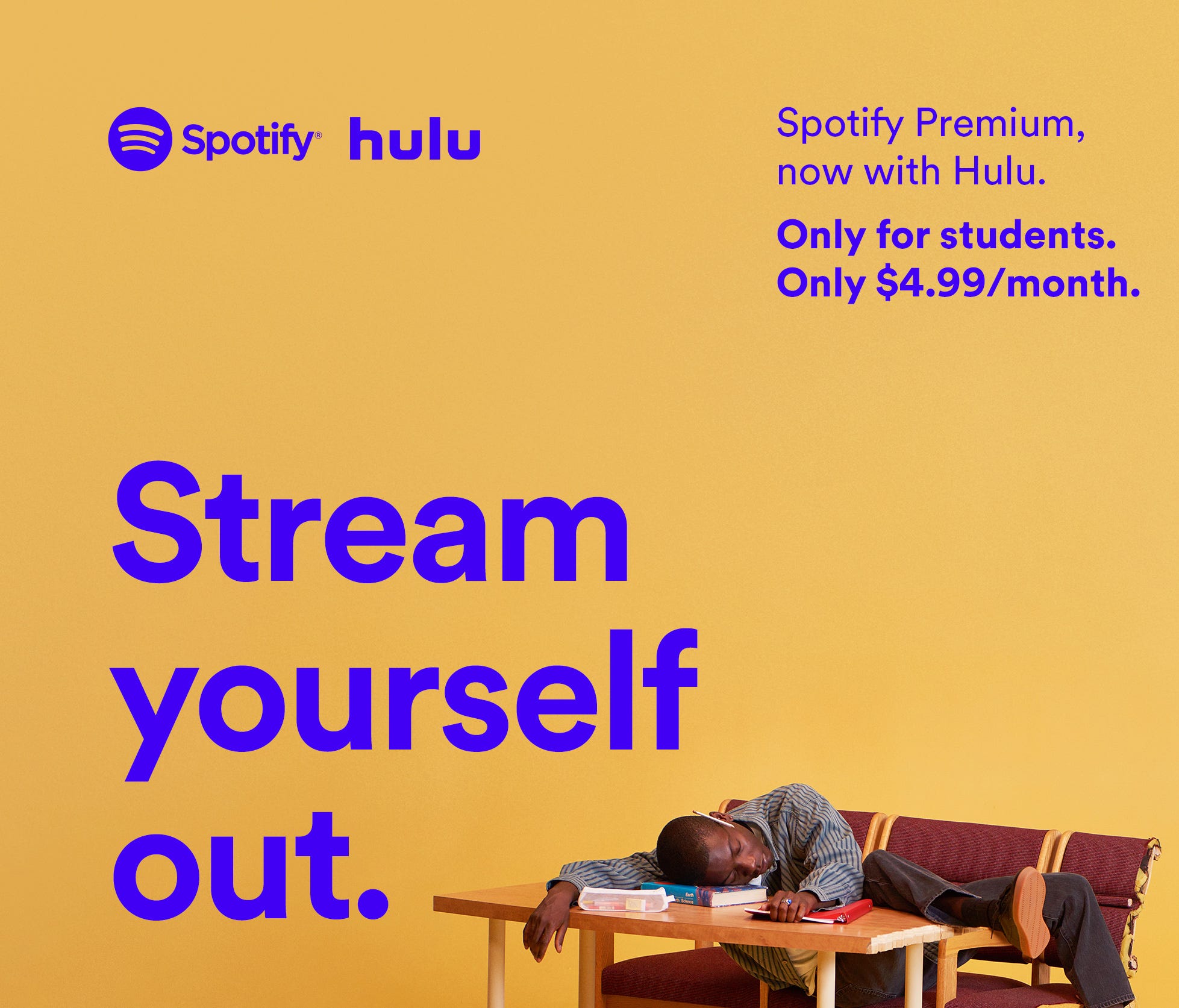 Music streaming service Spotify and video streaming service Hulu have teamed up on a low-priced $4.99 subscription plan for students.