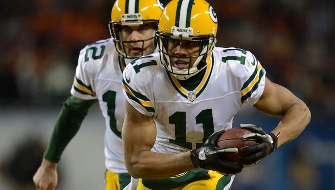 Green Bay Packers receiver Jarrett Boykin (11) returned a fumble for a touchdown against the Chicago Bears during last year's game at Soldier Field in Chicago.