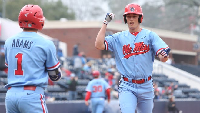Chase Cockrell (right) hit two home runs in Ole Miss' 7-3 win over Eastern Illinois Sunday.