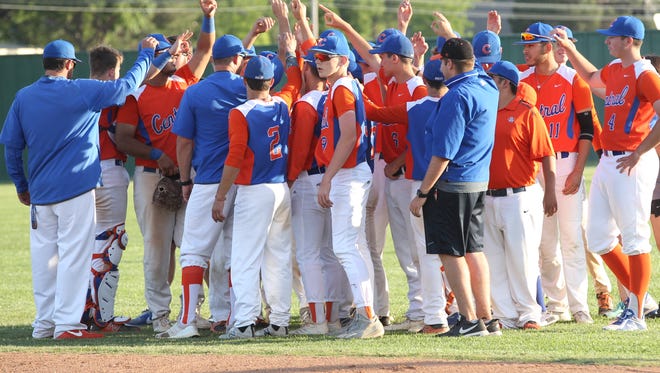 The San Angelo Central High School baseball team celebrates clinching a playoff berth with a 12-3 win against Killeen Shoemaker in a District 8-6A game at Nathan Donsky Field on Tuesday, April 24, 2018.