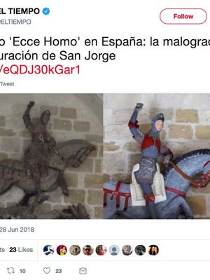 A 16th-century wooden sculpture of St. George at a Spanish church was poorly repainted, and Spain's art conservation association is outraged.