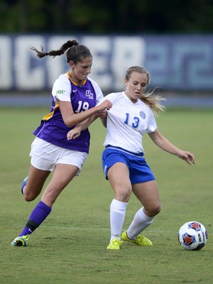 University of West Florida's Bri Young battels Montevallo's Michaela Graber on Tuesday at UWF soccer complex.