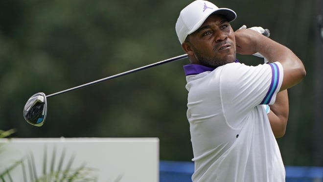 Harold Varner III drives on the 18th hole during the first round of the Wyndham Championship golf tournament at Sedgefield Country Club on Thursday, Aug. 13, 2020, in Greensboro, N.C.