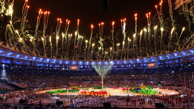 Fireworks go off Aug. 21, 2016, after the Olympic flame was extinguished during the closing ceremony in the Maracana stadium at the 2016 Summer Olympics in Rio de Janeiro, Brazil.
