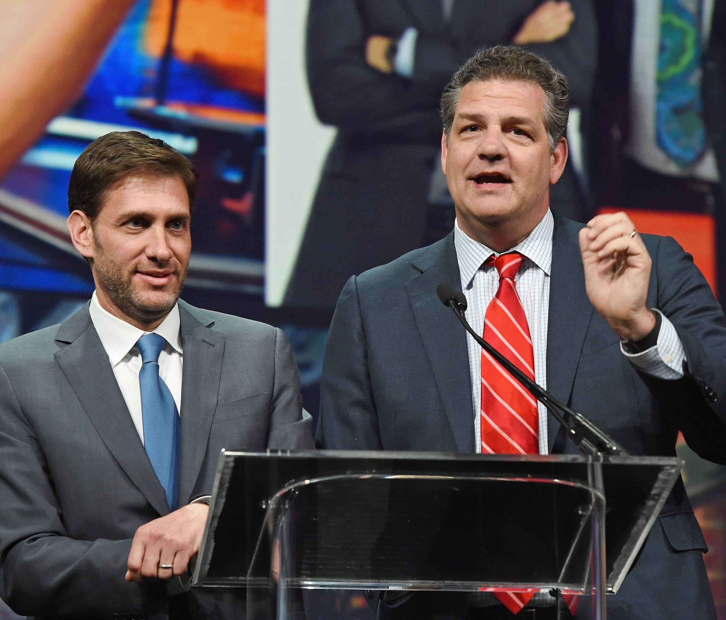 LAS VEGAS, NV - APRIL 19:  Sports broadcasters Mike Greenberg (L) and Mike Golic, hosts of ESPN Radio's 