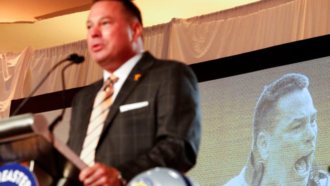 Tennessee coach Butch Jones speaks to the media at SEC Media Days, Tuesday, July 12, 2016, in Hoover, Ala. 