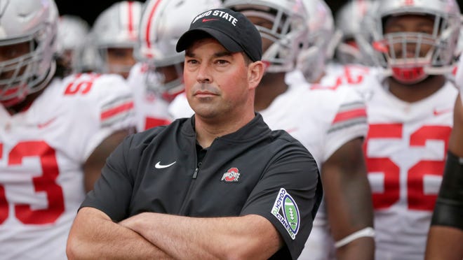 FILE - In this Sept. 28, 2019, file photo, Ohio State head coach Ryan Day waits with his players before taking the field for an NCAA college football game against Nebraska, in Lincoln, Neb. One year ago, Maryland took Ohio State into overtime before a failed 2-point conversion resulted in a 52-51 defeat. In the rematch Saturday, the Terrapins are a 43-point underdog.(AP Photo/Nati Harnik, File)