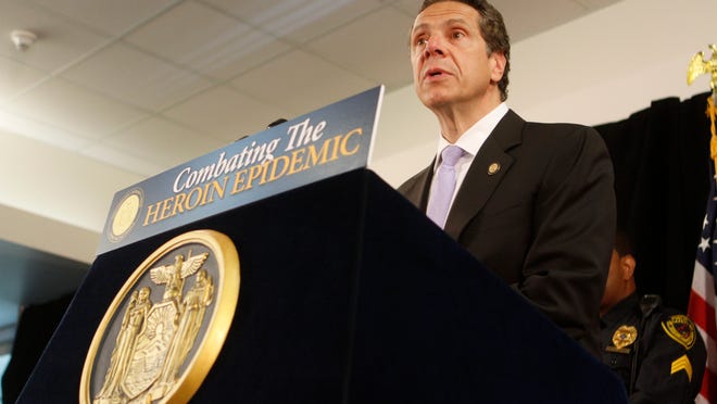 New York State Gov. Andrew Cuomo spoke at Rockland Community College on the rise of the of heroin abuse and law enforcement response in June 2014. Cuomo announced Wednesday that funding is in the budget to train school personnel to use naloxone, which can reduce heroin overdoses.