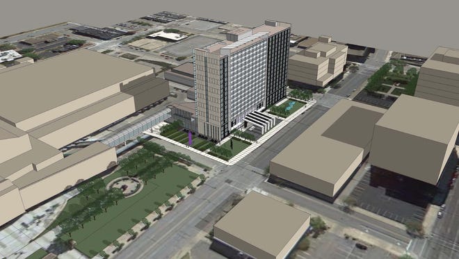 This rendering shows the proposed $130 million Events Center convention hotel in Des Moines.