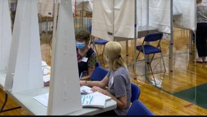 Voters at the polls in Talbot Gym, Exeter, New Hampshire.