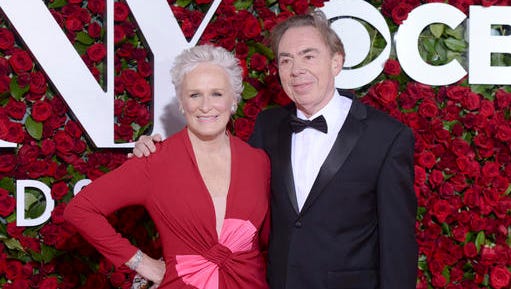 FILE - This June 12, 2016 file photo shows Glenn Close , left, and Andrew Lloyd Webber at the Tony Awards in New York. Close is reprising her Tony-winning role as Norma Desmond in "Sunset Boulevard," the English National Opera's stripped-down revival of the Andrew Lloyd Webber musical.