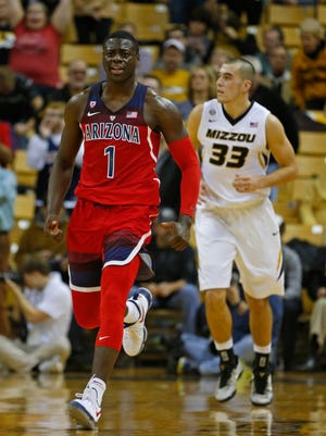 Dec 10, 2016: Arizona Wildcats guard Rawle Alkins (1) reacts after making a three point shot during the second half of the game against the Missouri Tigers at Mizzou Arena.  Arizona won 79-60.