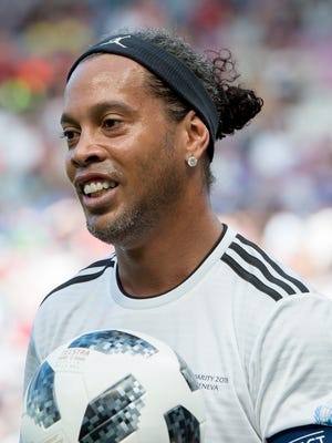 Ronaldinho looks on during the UEFA Match for Solidarity at Stade de Geneva on April 21, 2018 in Geneva, Switzerland.