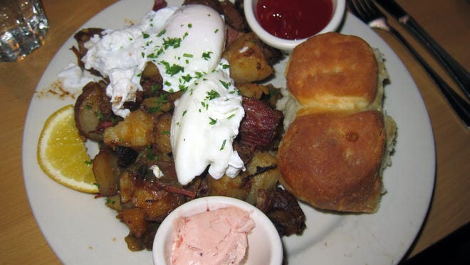 The standout corned beef hash, as a main, with poached eggs and delicious biscuits.