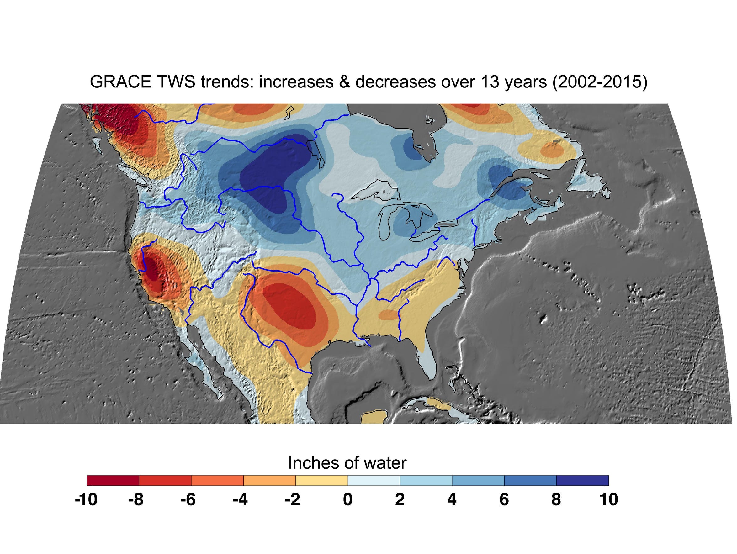 NASA's GRACE satellites have measured losses of freshwater