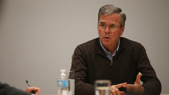 Presidential hopeful, Jeb Bush meets with the Des Moines Register editorial board on Tuesday, Jan. 12, 2016, in Des Moines.