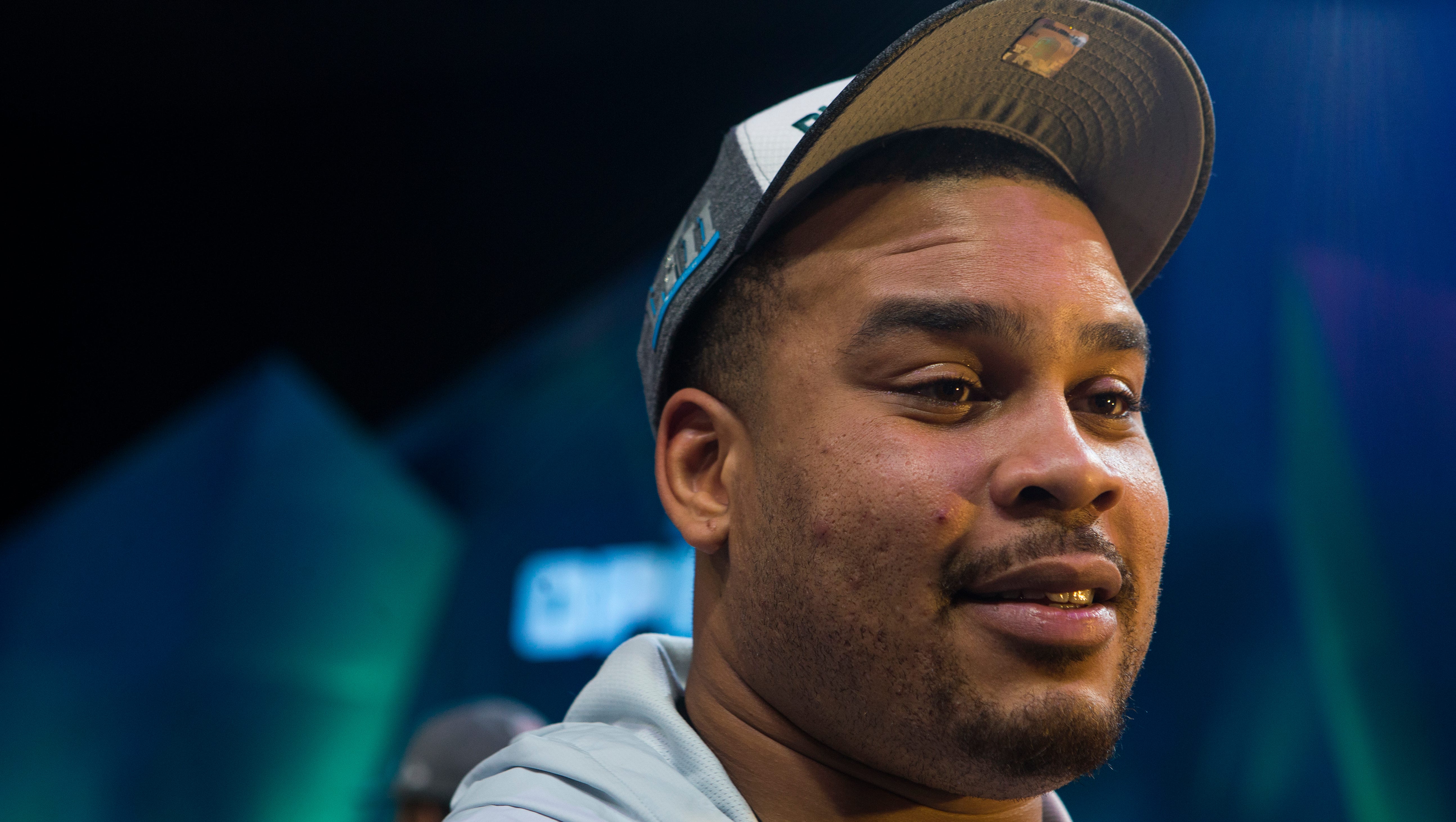 Eagles' guard Brandon Brooks takes a question during a Super Bowl LII media availability.