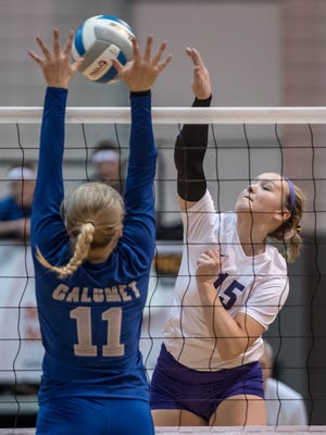 Bronson's Adyson Lasky (15) during semi finals against Calumet for the MHSAA state volleyball championship on Friday.
