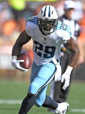 Titans running back DeMarco Murray (29) gains yards on the Browns during the second quarter at FirstEnergy Stadium Sunday, Oct. 22, 2017 in Cleveland, Ohio.