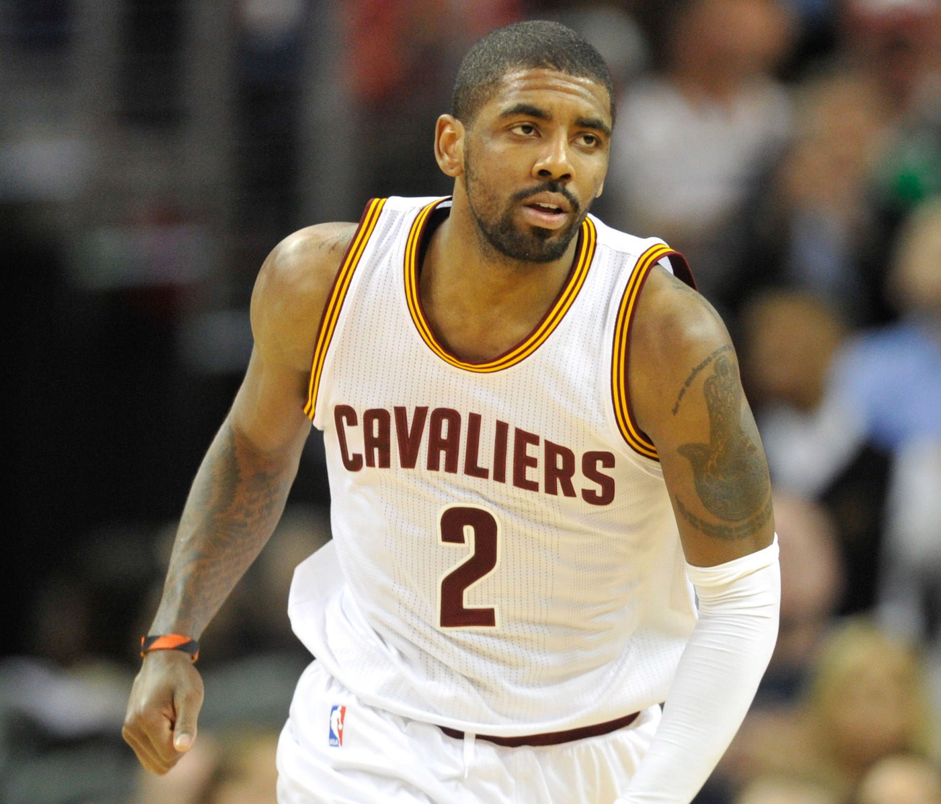 Cleveland Cavaliers guard Kyrie Irving reacts against the Dallas Mavericks at Quicken Loans Arena.