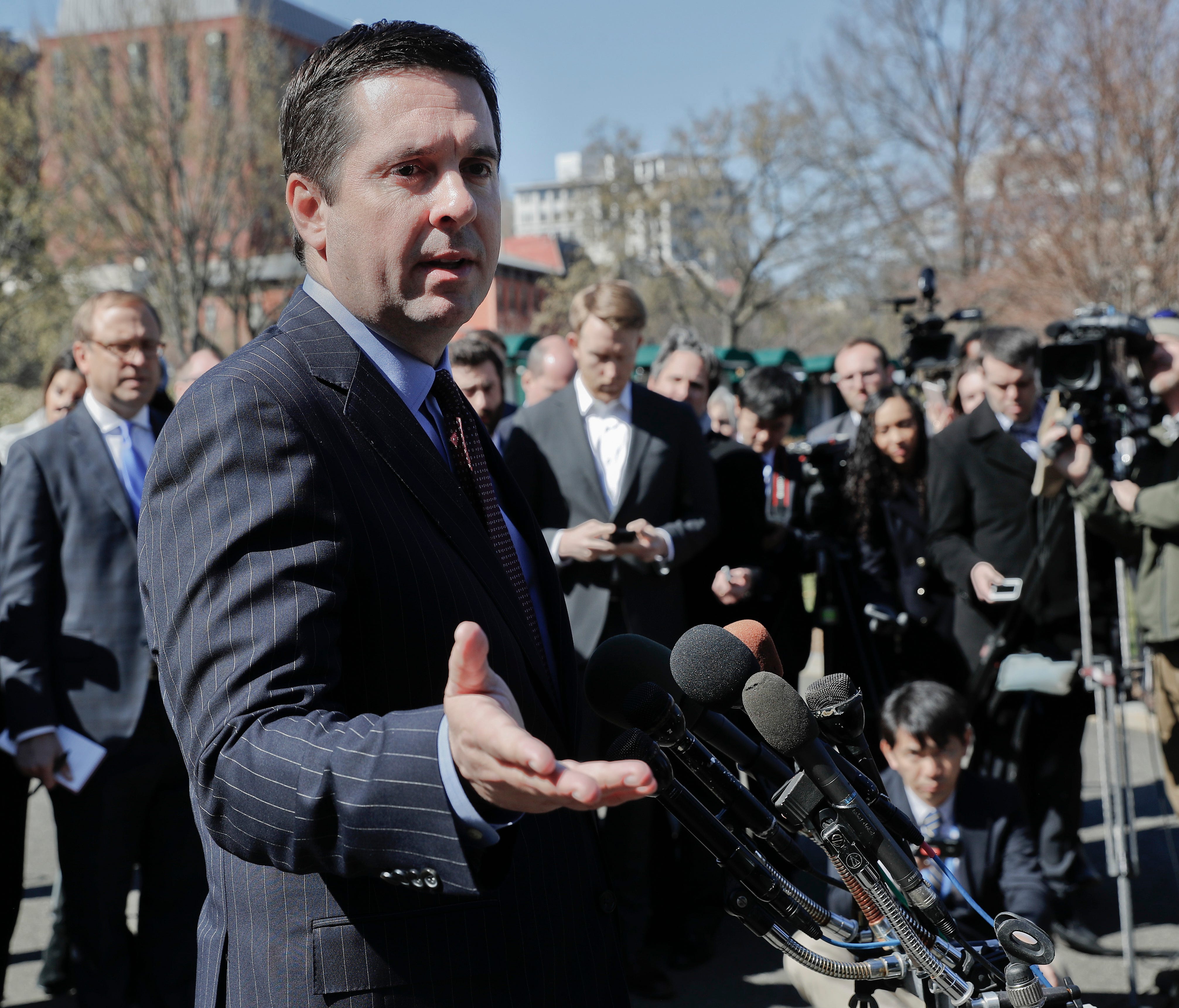 House Intelligence Committee Chairman Rep. Devin Nunes, R-Calif, speaks with reporters outside the White House in Washington, March 22, 2017, following a meeting with President Donald Trump.