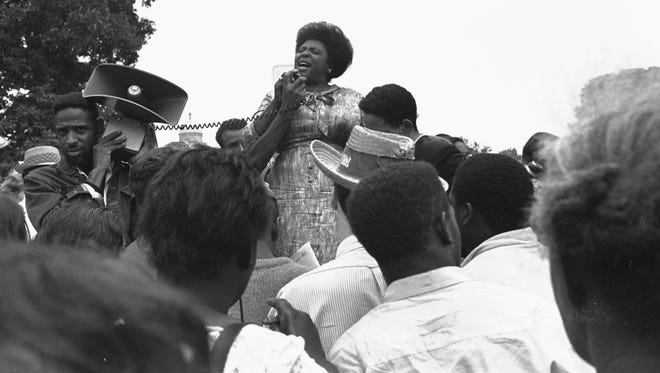 Fannie Lou Hamer speaks to Mississippi Freedom Democratic Party members and supporters outside the U.S. Capitol on Sept. 17, 1965.