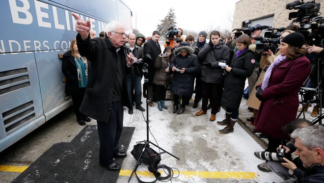 Bernie Sanders speaks during a news conference after a stop at the United Steelworkers Local 310L union hall on Jan. 26, 2016, in Des Moines, Iowa.