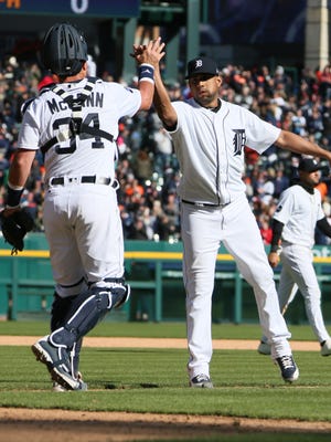 Tigers closer Francisco Rodriguez celebrates with catcher James McCann after the Tigers beat the Red Sox, 6-5, on Friday, April 7, 2017 at Comerica Park.