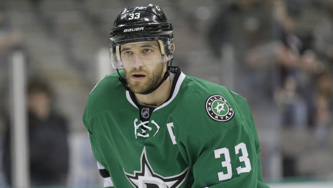 Defenseman Alex Goligoski, then a member of the Dallas Stars, warms up before a game against the New Jersey Devils on March 4, 2016, in Dallas.