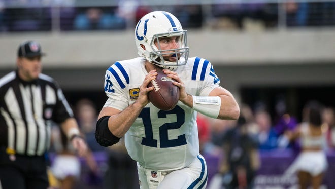 Indianapolis Colts quarterback Andrew Luck (12) throws against the Minnesota Vikings at U.S. Bank Stadium.