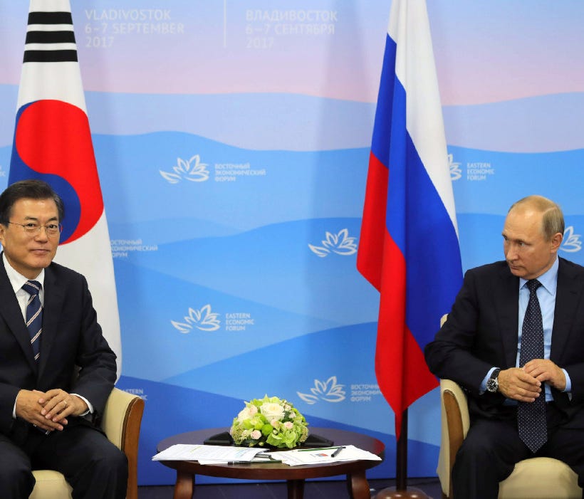 Russian President Vladimir Putin, right, with South Korean President Moon Jae In during their meeting at the Eastern Economic Forum in Vladivostok, Russia, on Sept. 6.