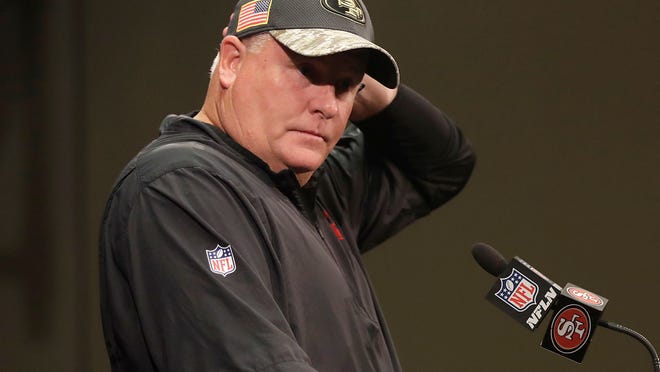 San Francisco 49ers head coach Chip Kelly speaks at a news conference after an NFL football game against the Seattle Seahawks in Santa Clara, Calif., Sunday, Jan. 1, 2017. (AP Photo/Marcio Jose Sanchez) ORG XMIT: FXN