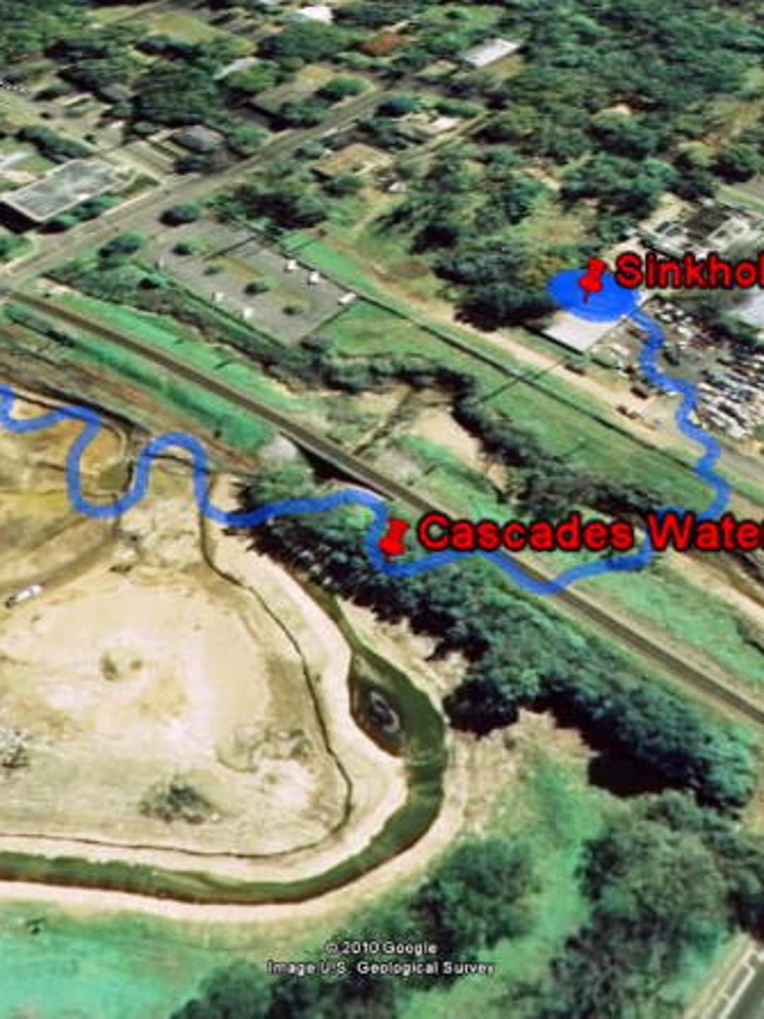 Researcher Jonathan Lammers created this overlay of an 1829 drawing of the cascade path on a 2006 aerial photo of Cascades Park then under construction.