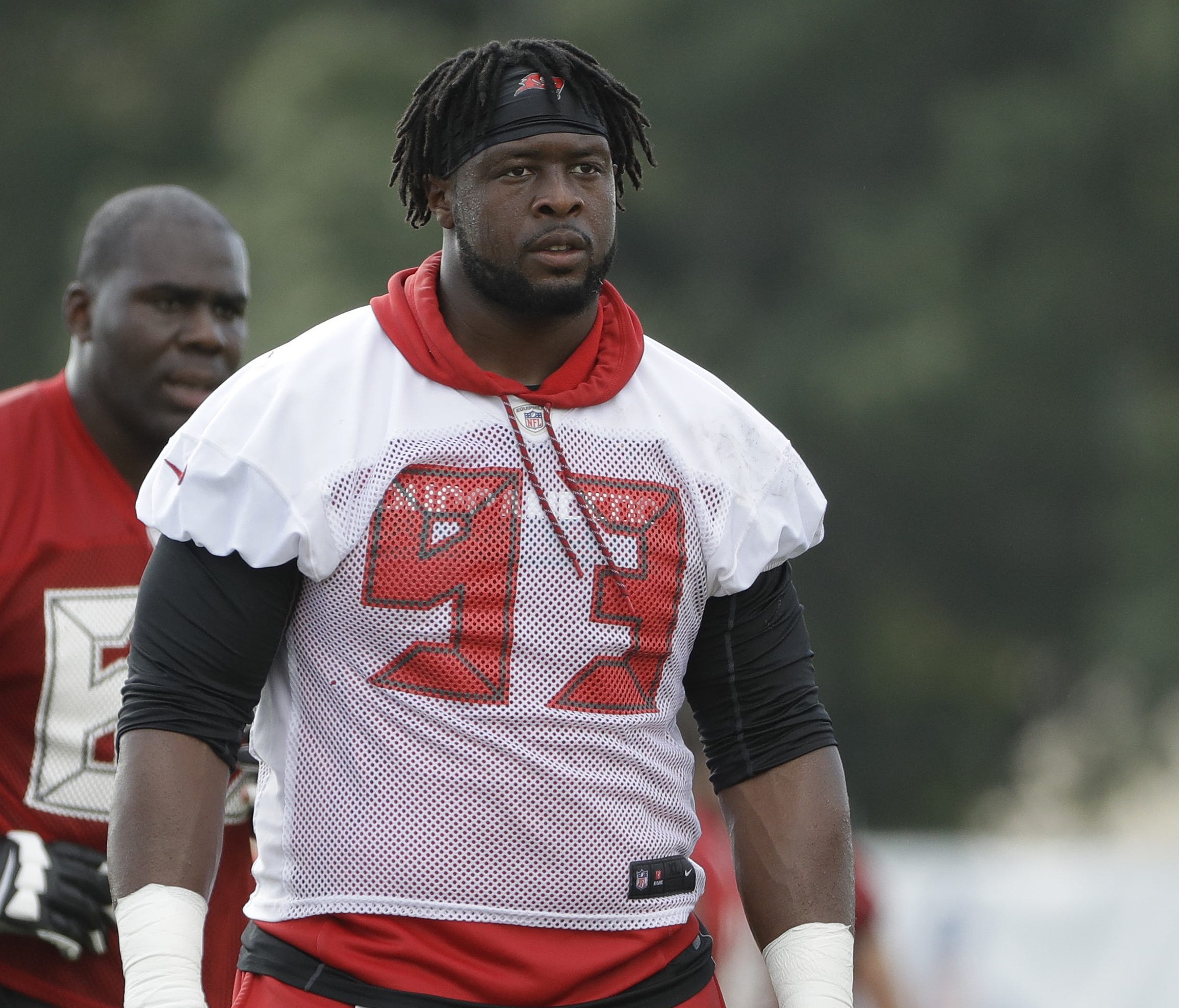 Tampa Bay Buccaneers defensive tackle Gerald McCoy (93) during an NFL football training camp practice Saturday, July 29, 2017, in Tampa, Fla. (AP Photo/Chris O'Meara) ORG XMIT: FLCO
